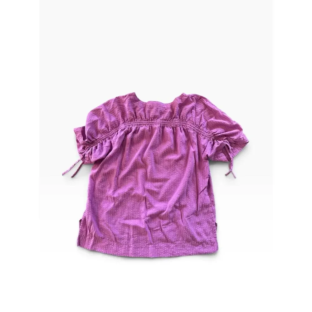 LOFT Women’s Large magenta Textured Blouse Puff Sleeve Ruched Tie Keyhole Top